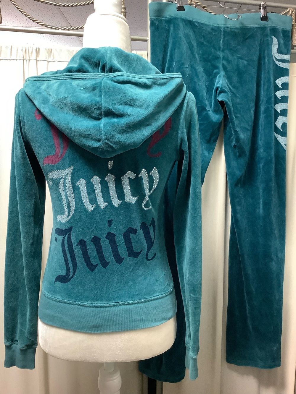 Juicy Couture Teal Velour Zip Hoodie Long Pants 34 x 34 M Tracksuit Set
